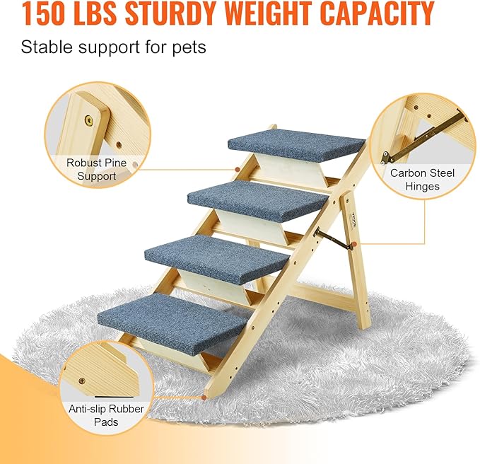 VEVOR Wood Pet Stairs/Pet Steps, 2-in-1 Foldable Wooden Dog Stair for Beds, Sofa and Cars, Dog Stairs & Ramp with 4 Steps for Small Medium Large Pet, up to 150 lbs