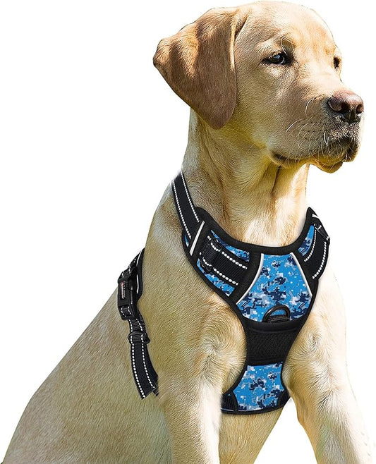 BARKBAY No Pull Dog Harness Front Clip Heavy Duty Reflective Easy Control Handle for Large Dog Walking(Blue camo,L)