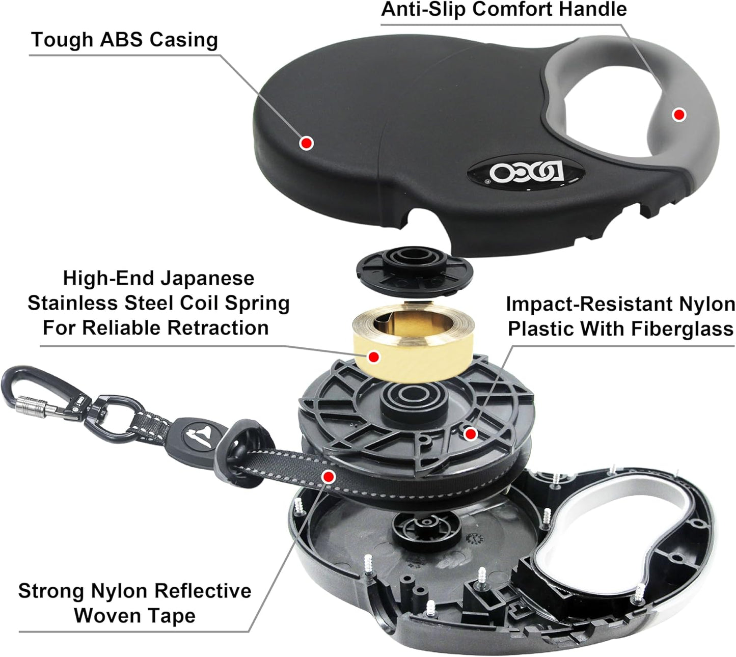 DOCO Retractable Dog Leash for Large Dogs (Length - 16’, Weight - Upto 45lb) Reflective Tape Lead with Stop and Lock Control, Tangle Free 360° Swivel Snap & Anti-Slip Grip (Black, Medium)