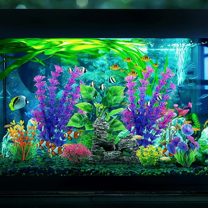 Fish Tank Accessories Aquarium Decorations Plants, 9pcs Colorful Fish Tank Artificial Plants and Cave Rock Decor Set, Aquarium Decor Plastic Plants