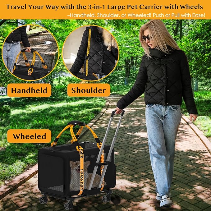 PAWZIDEA Expandable Pet Carrier with Wheels, 24"x16"x16" Large Cat Carrier for 2 Cats, Soft-Sided Dog Travel Crate for Small Medium Dog, Collapsible Rolling Travel Bag w/Telescopic Handle, Chew-Proof
