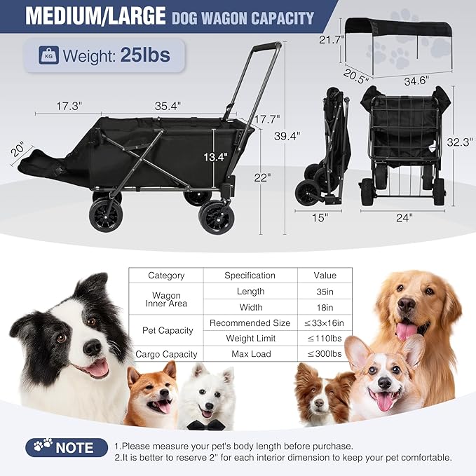 REDCAMP Folding Dog Wagon Cart with Removable Canopy Heavy Duty, 220L Large Collapsible Utility Cart Dog Stroller with Tailgate for Sports Shopping Pet, Black