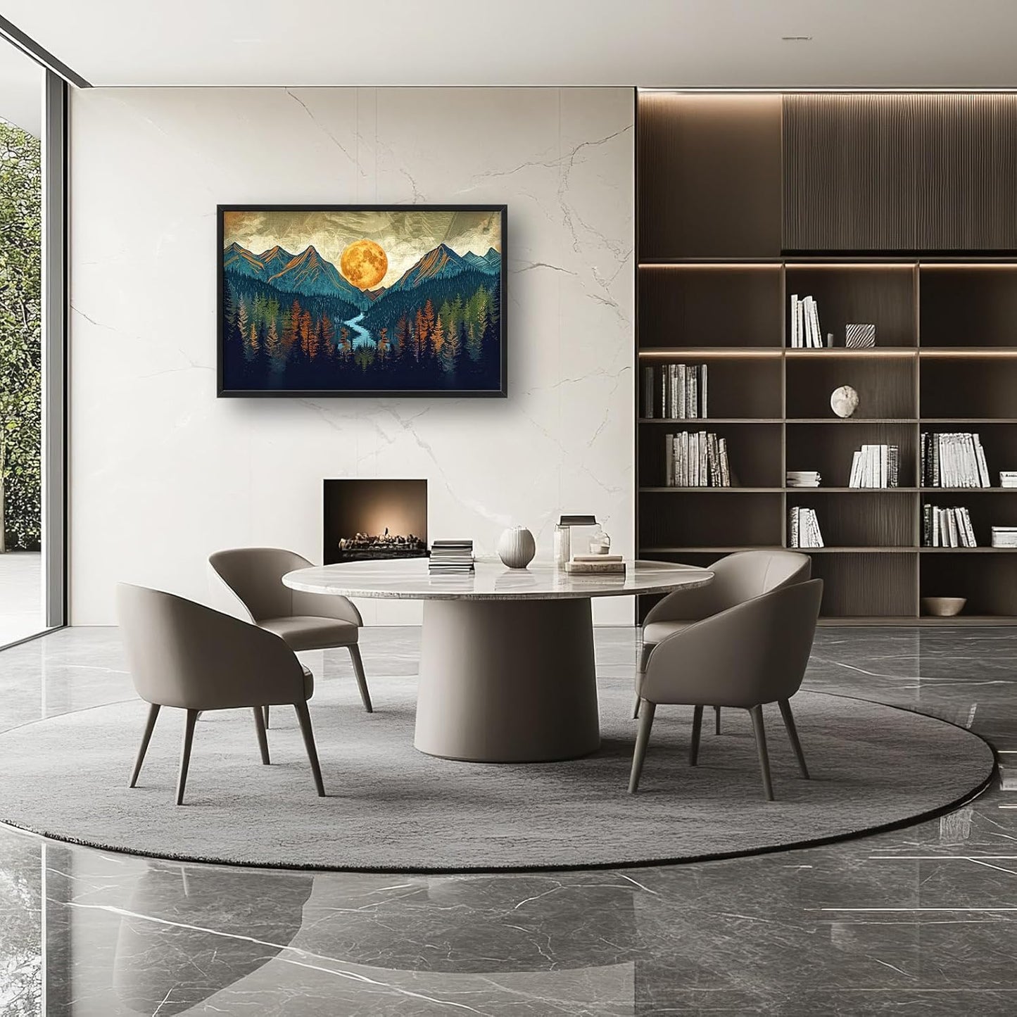 Quorin Boho Mountain Large Wall Art Mountain Landscape Pictures Moon Pine Tree Forest Lake Wall Decor Nature Canvas Print Painting Artwork for Bathroom Living Room Bedroom 36L x 24W