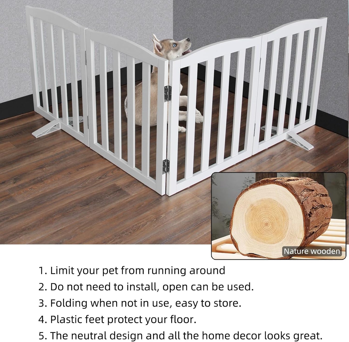 ZJSF Foldable Freestanding Indoor Dog Gate for House Wood White Long Pet Gates Dog Fence for Stairs Puppy Gates for Hallways,Pet Fence, Puppy Gate,Support Feet Included 24 "Height-2 Panels