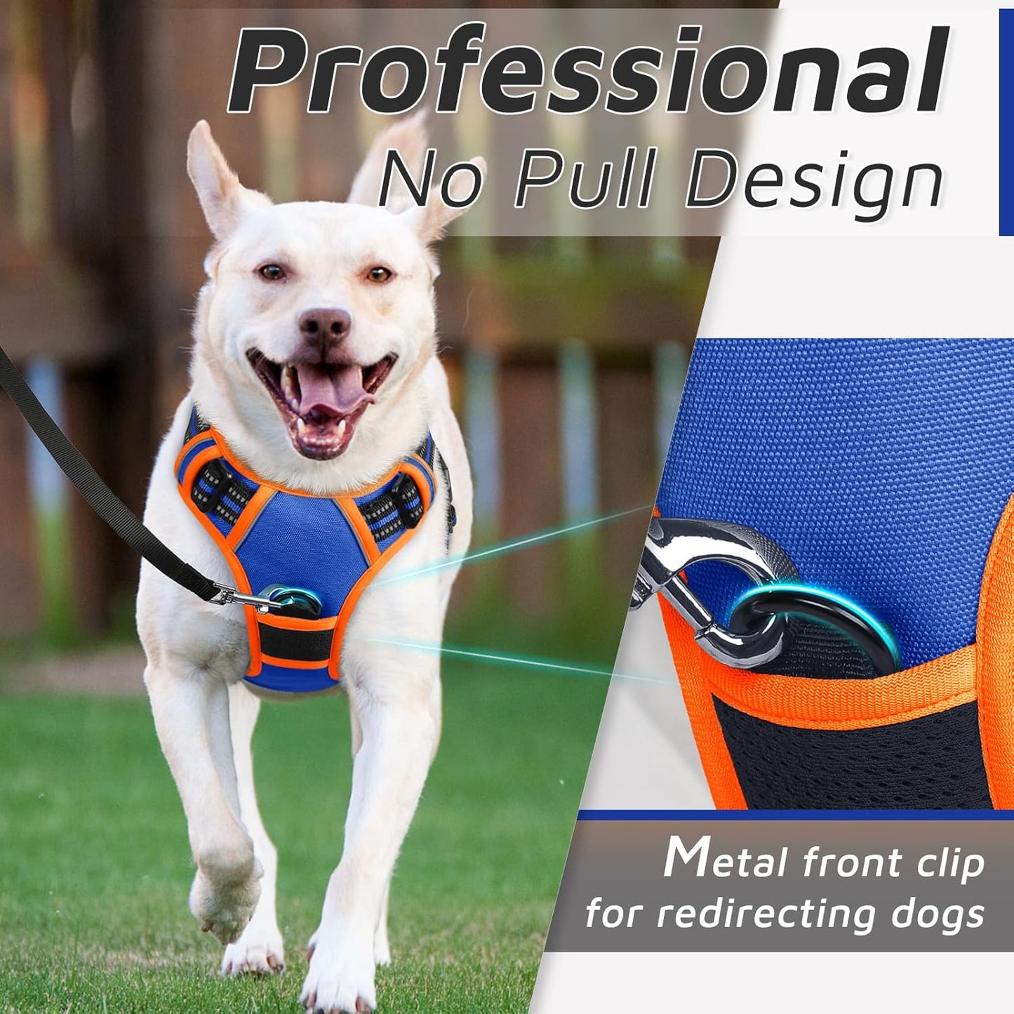 Eagloo Dog Harness for Large Dogs, No Pull Service Vest with Reflective Strips and Control Handle, Adjustable and Comfortable for Walking, No Choke Harness with 2 Metal Rings, Blue & Orange, M