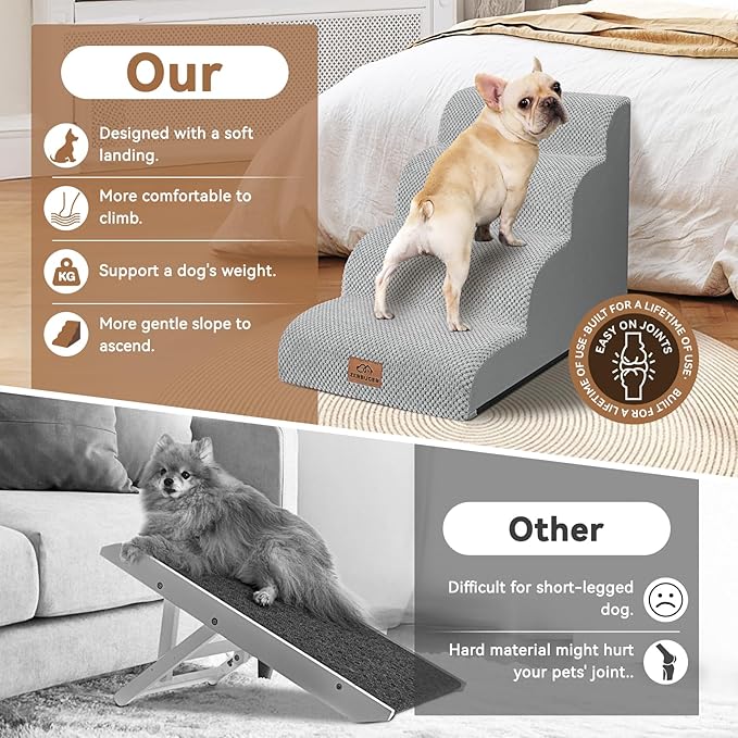 Dog Ramp and Stair for Bed 16" H-20 H,3-Step Cat Stair for Sofa and Chair,4-Step Dog Ramp for High Bed and Window,Durable Nonslip Fabric Cover for Indoor (Light Grey-20 H, Pet Friendly, 4)