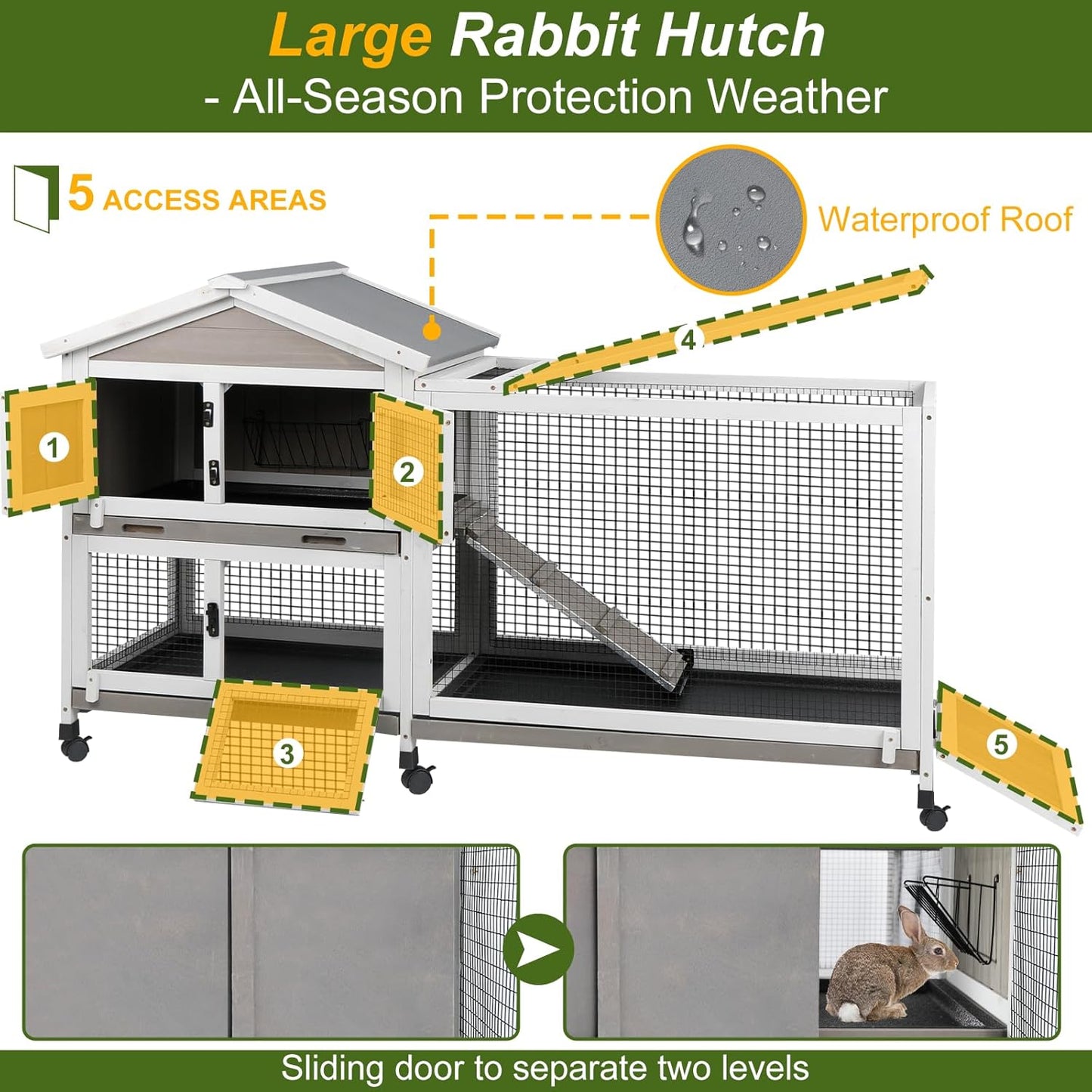 Rabbit Hutch Outdoor Indoor Bunny Hutch with Run 2-Story Large Rabbit Cage on 6 Wheels, 3 Leak Proof Trays, Ramp, Waterproof Roof for Small to Medium Animals, Expandable Design