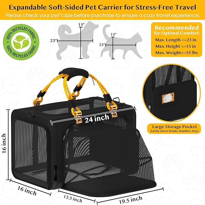PAWZIDEA Expandable Large Pet Carrier, 24"X16"X16" Cat Carrier for 2 Cats, Collapsible Dog Travel Crate for Small Medium Dog Up 55lbs, Soft-Sided Secure Car Seat, XL Storage Pocket, ID Card, Chewproof