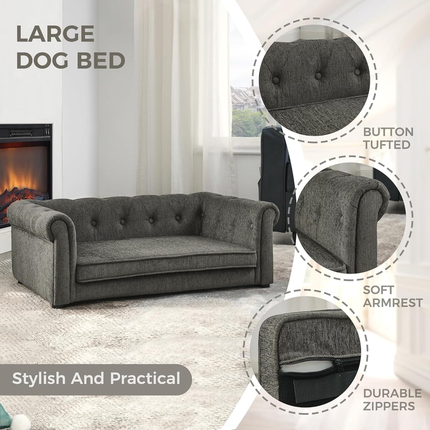 Dog Sofa Couch for Medium Dogs, 31" Memory Foam Dog Couch with Washable Fabric, Removable Cushion, Sofa Bed for Medium Dogs, Grey