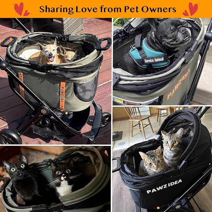 PAWZIDEA Pet Stroller 4 in 1, Dog Strollers for Small/Medium Dogs/Cats with Detachable Carrier NO-Zip Canopy, Seatbelt Puppy Car Seat Combo, Foldable & Lightweight Jogger Cat Strollers, Storage Basket