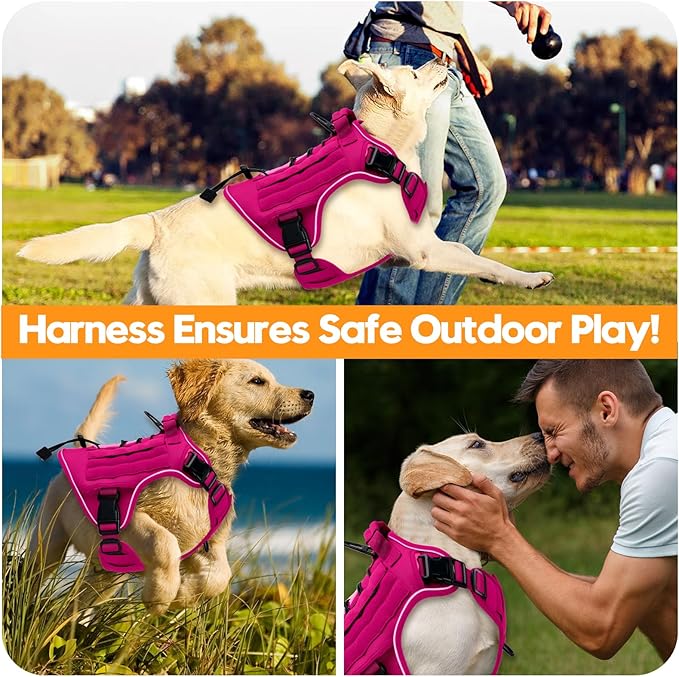 Heavy-Duty Tactical Dog Harness for Large Dogs, No Pull Adjustable Reflective Pet Vest with Molle System, K9 Military-Grade Control for Service Training, Outdoor & 10+ Breeds, Hot Pink, XX-Large