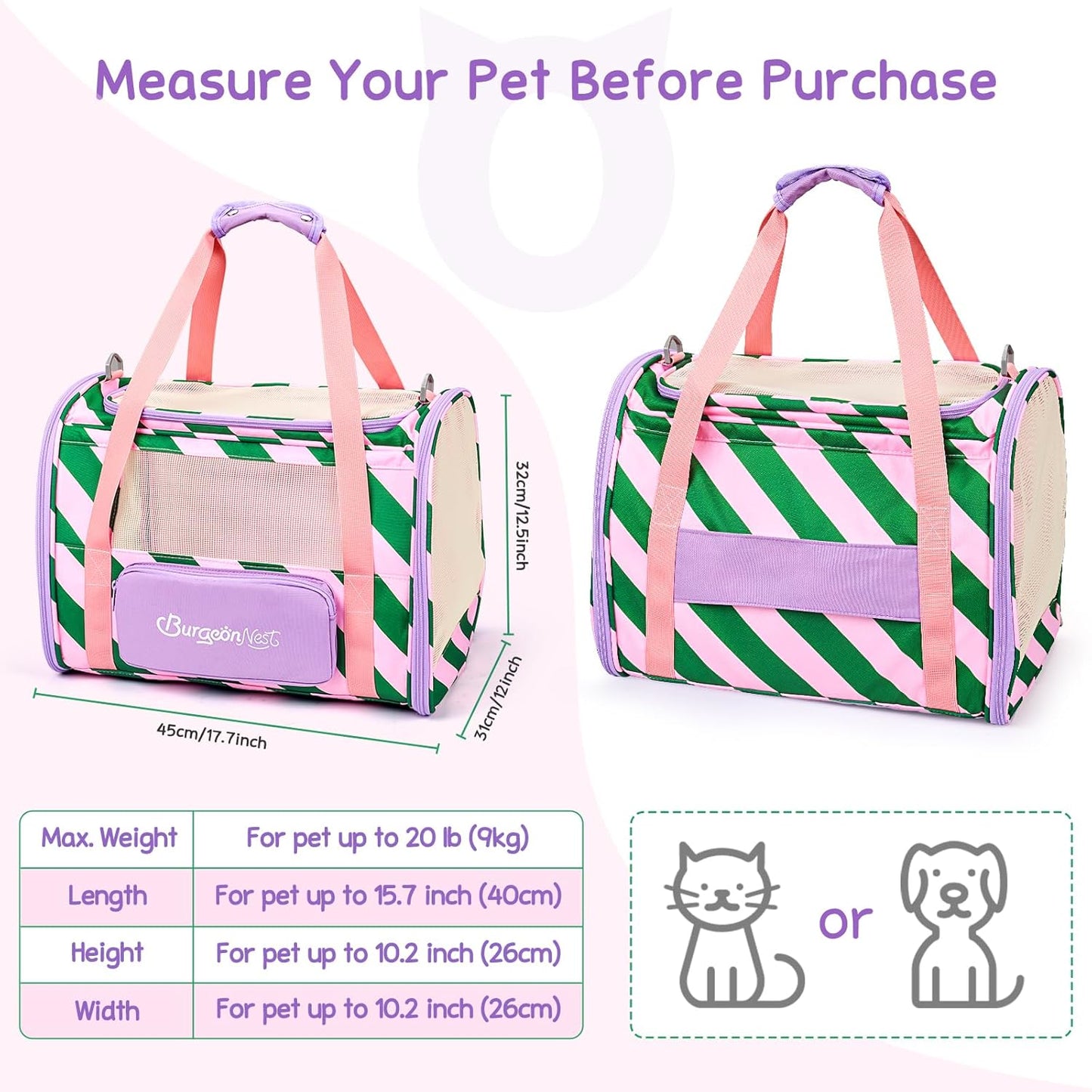 BurgeonNest Cat Carrier, Dog Cat Carriers for Large Medium Cats Under 20 lbs, Soft Sided Pet Carrier, Collapsible Travel Carry Puppy Kitten Cat Carrier with Big Side Bag (Medium, Pink-Green)