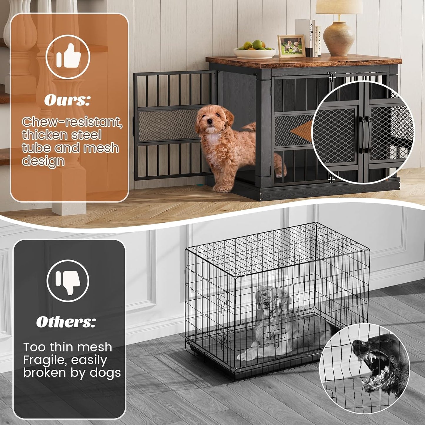 VOPEAK 27.5" Dog Crate Furniture, Chew Resistant Dog Crate for Small Dogs Puppy, Heavy Duty Dog Crates Dog Kennel Cage Indoor with Double Doors, Wooden End Table for Bedroom Living Room, Black