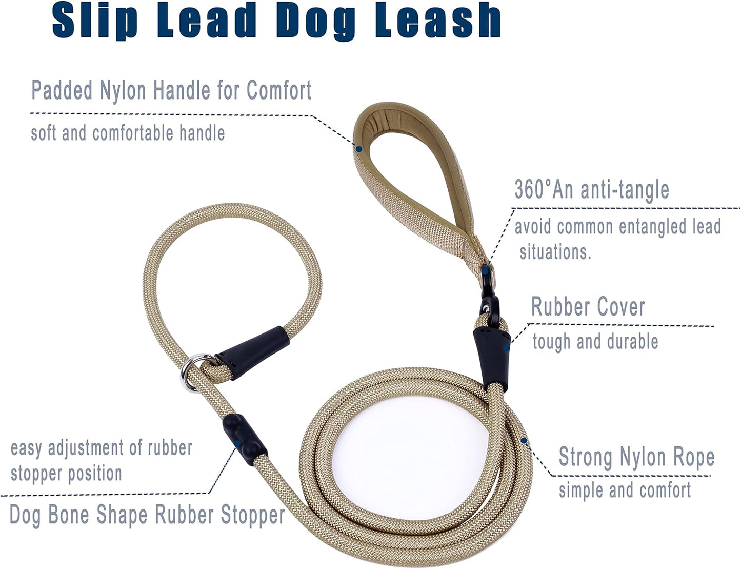 Slip Lead Dog Leash，Strong Nylon Rope Leash and Padded Handle,No Pull Outdoor Walking Training Lead for Small Medium Large Dogs(Light Military Tan, 1/2"×6ft)