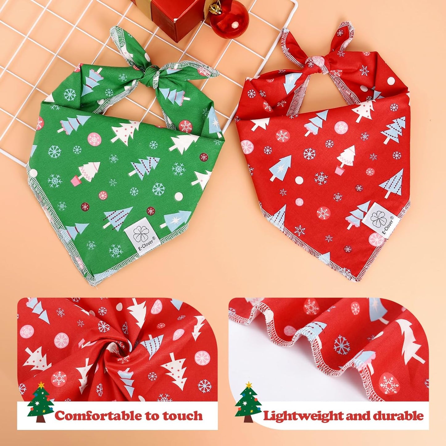 E-Clover Christmas Dog Bandanas Winter Scarf for Dog Boy Girl Christmas Tree Costumes Accessories for Medium Large Dogs Green Red
