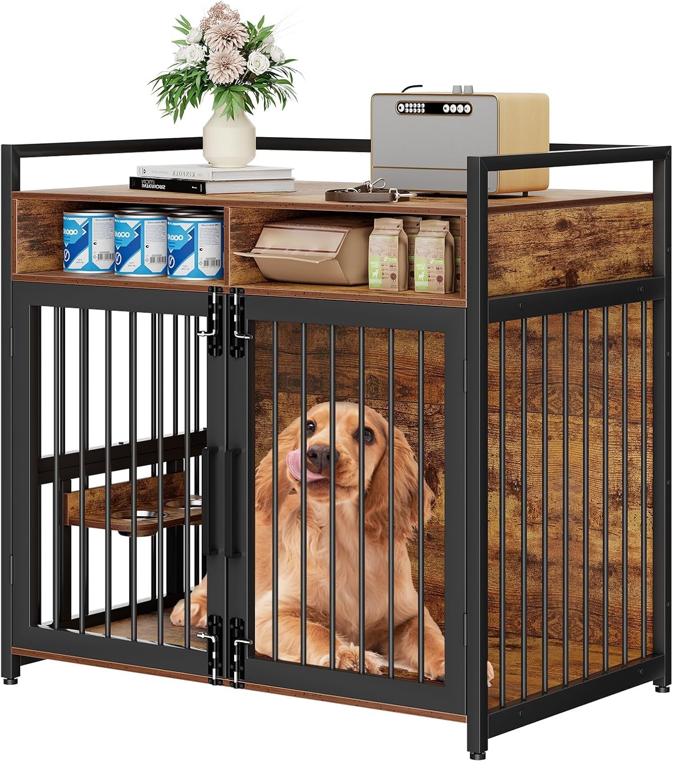 Large Dog Crate Furniture, 48 Inch Wooden Dog Crate, Heavy Duty Dogs Kennel with 2 Drawers Storage, 360° Adjustable Raised Feeder, Indoor Dogs House End Table