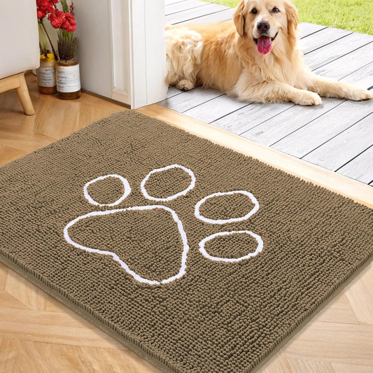 OLANLY Door Mat for Muddy Dog Paws 40x32, Ultra Absorbent Chenille Mud Doormat with Paw Print Design, Non-Slip Washable Doormat for Indoor Entryway, Quick-Dry Pet Bed Mats for Dirty Dogs, Tan
