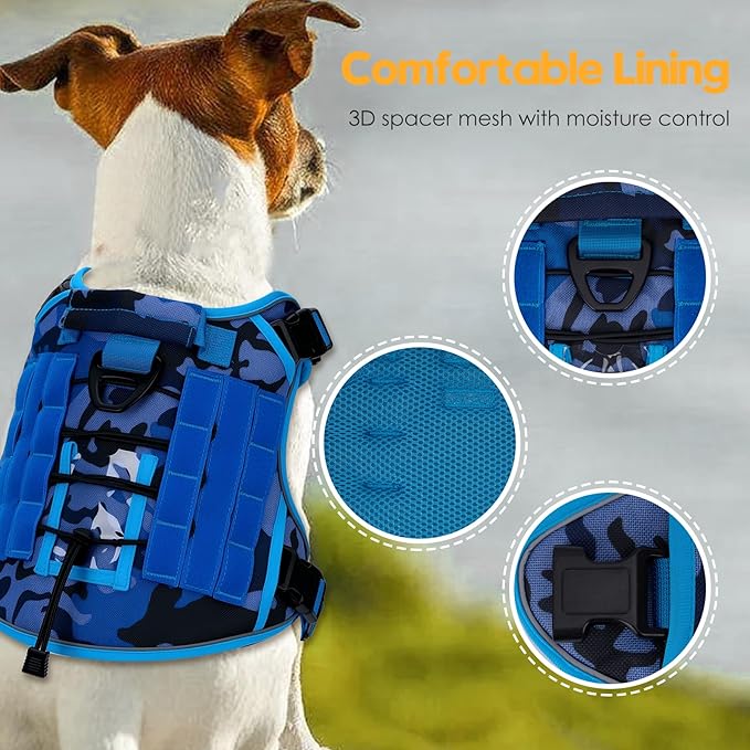 Heavy-Duty Tactical Dog Harness for Large Dogs, No Pull Adjustable Reflective Pet Vest with Molle System, K9 Military-Grade Control for Service Training, Outdoor & 10+ Breeds, Blue Camo, XX-Large