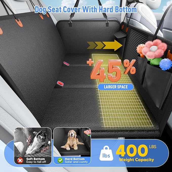 Back Seat Extender for Dogs, Dog Car Seat Cover for Back Seat with Hard Bottom,Waterproof Hammock for Car Pet Backseat Protector,Upgraded PU Leather Material for Car & SUV(Holds 400lbs)