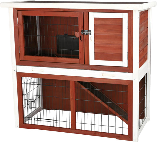 TRIXIE natura Outdoor Rabbit Hutch with Run - 2-Story Rabbit Cage with Non-Slip Ramp - Medium Elevated Small Animal House with Secure Playpen, Hinged Roof & Pull-Out Tray - in Auburn/White