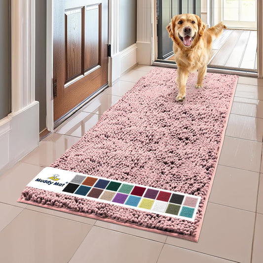 Muddy Mat® Original Dog Door Mat for Muddy Paws, Super Absorbent Microfiber, Non-Slip Washable Pet Rug, Quick Dry Chenille Entryway Carpet, Machine Washable Indoor Outdoor mat, Pink 24"x60"
