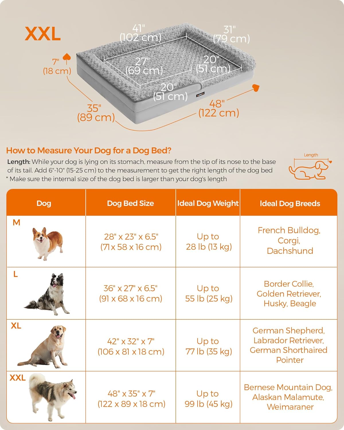 Feandrea Orthopaedic Dog Bed for Large Dogs, Waterproof Dog Sofa Bed with Removable Washable Cover, 48 x 35 x 7 Inches, Dove Gray UPGW254G01