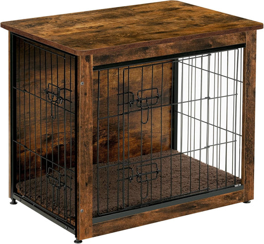 DWANTON Dog Crate Furniture with Cushion, Wooden Kennel Table with Double Doors, Indoor Dog House, Small/Medium/Large/Extra Large Size, 27.2" L, Rustic Brown