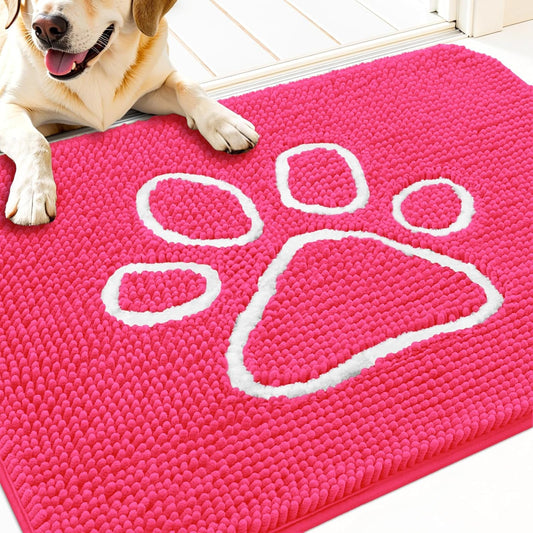 OLANLY Door Mat for Muddy Dog Paws 30x20, Ultra Absorbent Chenille Mud Doormat with Paw Print Design, Non-Slip Washable Doormat for Indoor Entryway, Quick-Dry Pet Bed Mats for Dirty Dogs, Hot Pink