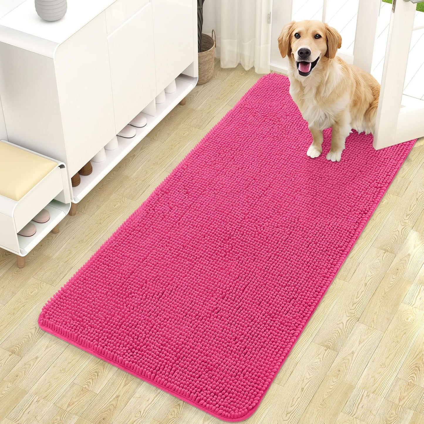 OLANLY Dog Door Mat for Muddy Paws 47x24, Absorbs Moisture and Dirt, Absorbent Non-Slip Washable Doormat, Quick Dry Chenille Mud Mat for Dogs, Entry Indoor Entryway Carpet for Inside Floor, Hot Pink