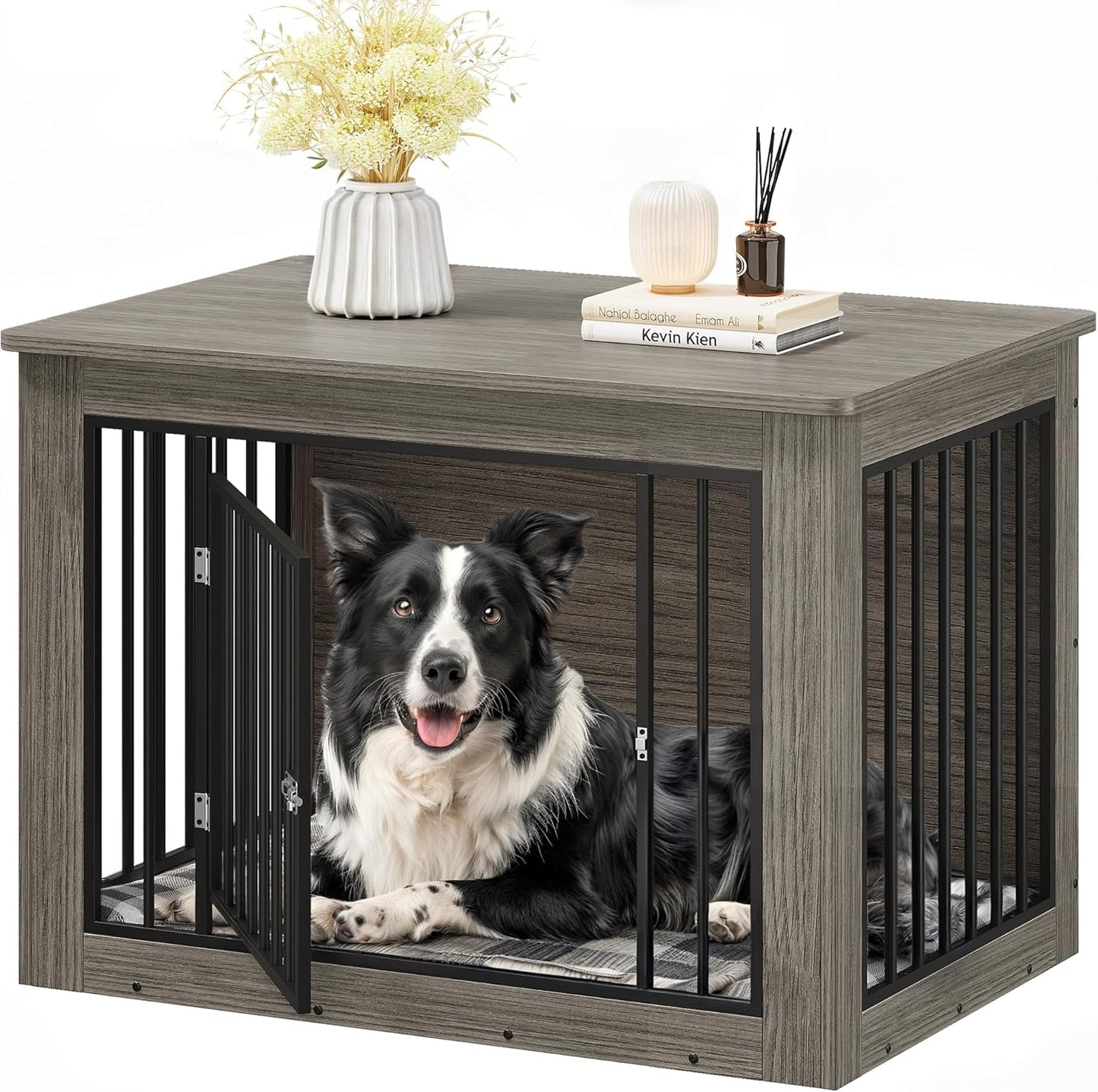YITAHOME Dog Crate Furniture for Large Dogs, Side End Table, Modern Dogs Kennel Indoor up to 60 lb, 2-in-1 Iron-Wood Fusion Dog Cage with Waterproof Top, Safety Corners, Steel Lock,38" L,Greige