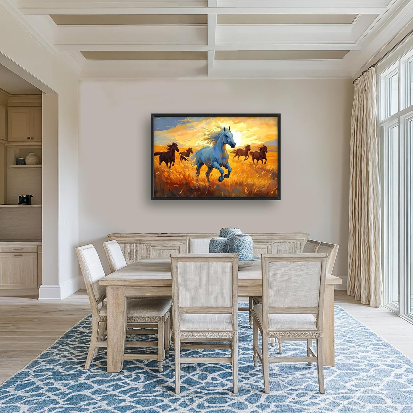 Framed Large Horse Wall Art for Living Room, Oversized Running Horses Wall Decor, Sunset Field Landscape Canvas Painting Home Decoration for Living Room Bedroom Dining Room Office 36"x24"