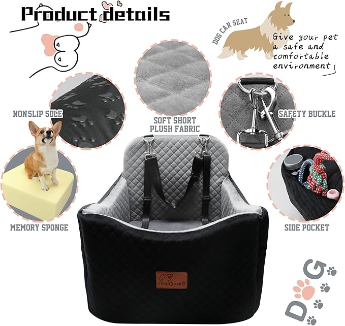 Dog Car Seat for Small/Medium Dogs,Pet Booster Seat with Harness,Memory Foam and Velvet,Safety Comfy Car Travel Pets Carrier,Interior Elevate,Washable and Detachable,Storage Pocket.(H-Black/Brown)