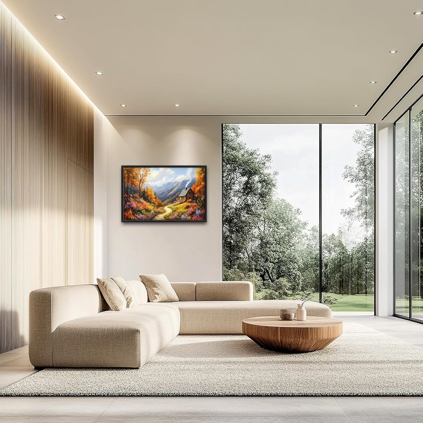 Framed Large Autumn Mountain Wall Art for Living Room, Oversized Wildflower Tree Wall Decor Nature Landscape Canvas Painting Modern Artwork Home Decoration for Living Room Bedroom 36"x24"