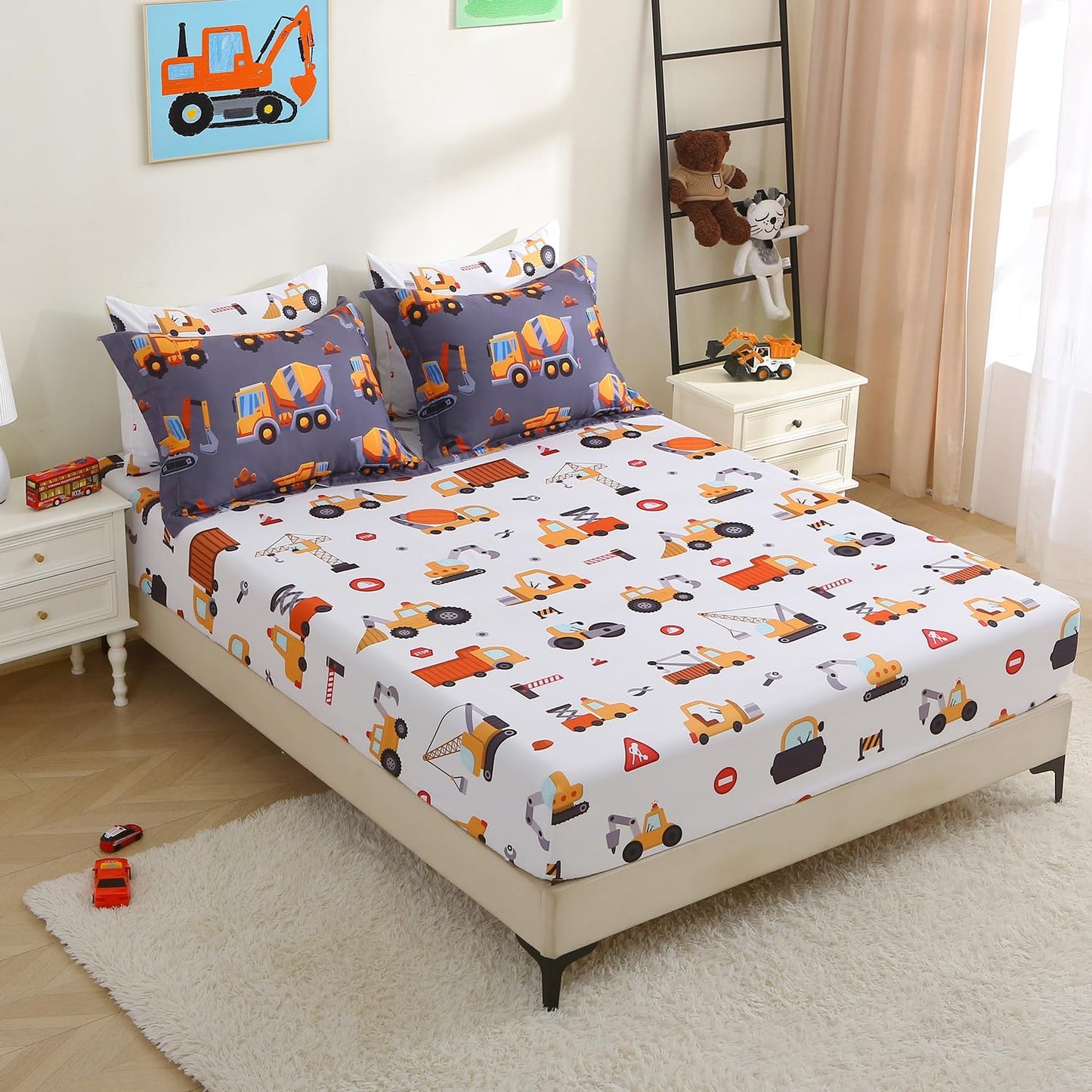 Kids Comforter Set 7 Piece Bedding Cute Car Cartoon Truck Bed Microfiber Comforter Full Size All Season Excavator Car Truck Printed