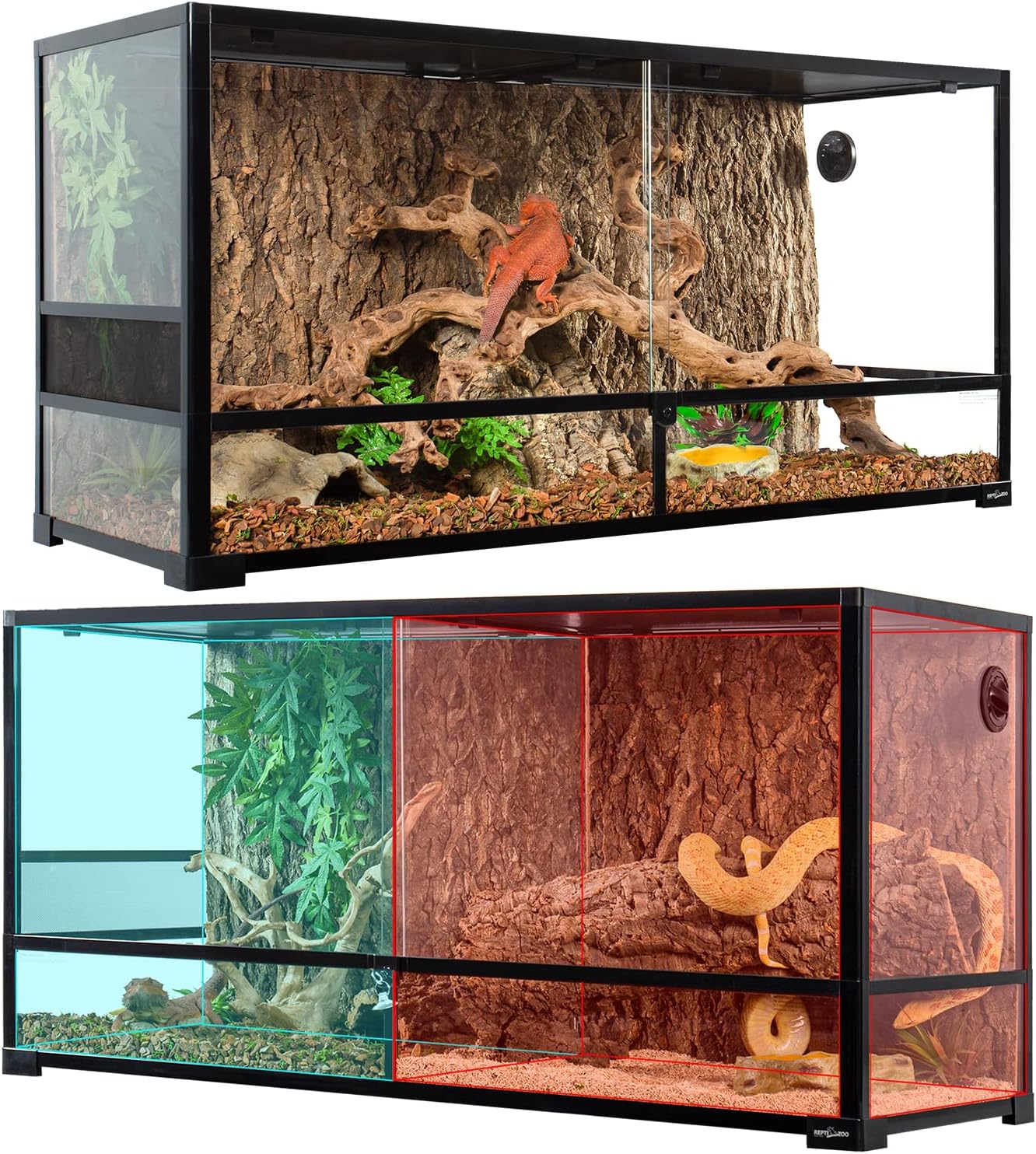 REPTIZOO 88 Gallon Large Reptile Terrarium 48" x 18" x 24" Knock-Down Glass Reptile Tank with Double Hinge Door & Screen Ventilation, Supporting Used as 2 Separate Habitats Easy Assembly