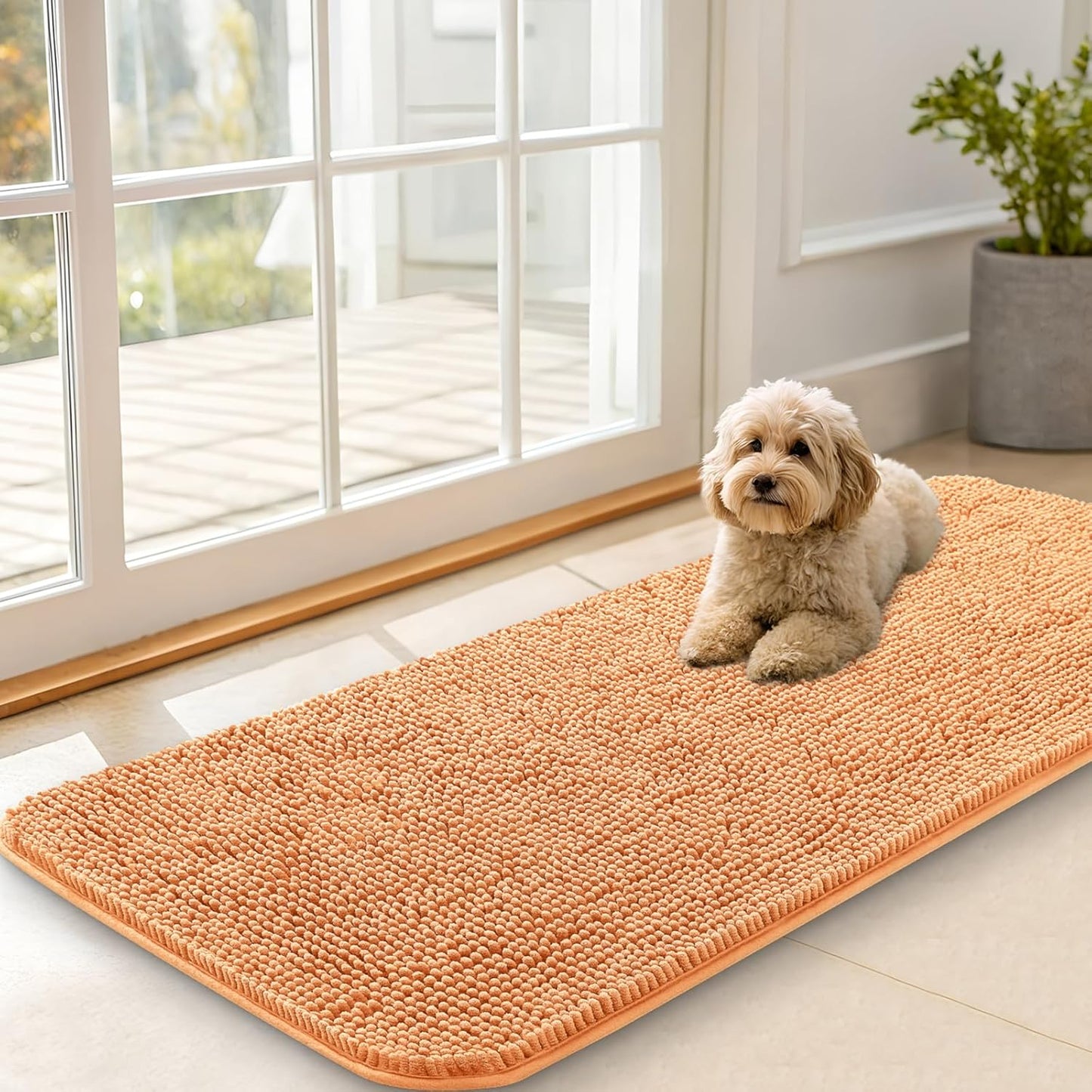 OLANLY Dog Door Mat for Muddy Paws 47x20, Absorbs Moisture and Dirt, Absorbent Non-Slip Washable Doormat, Quick Dry Chenille Mud Mat for Dogs, Entry Indoor Entryway Carpet for Inside Floor, Orange