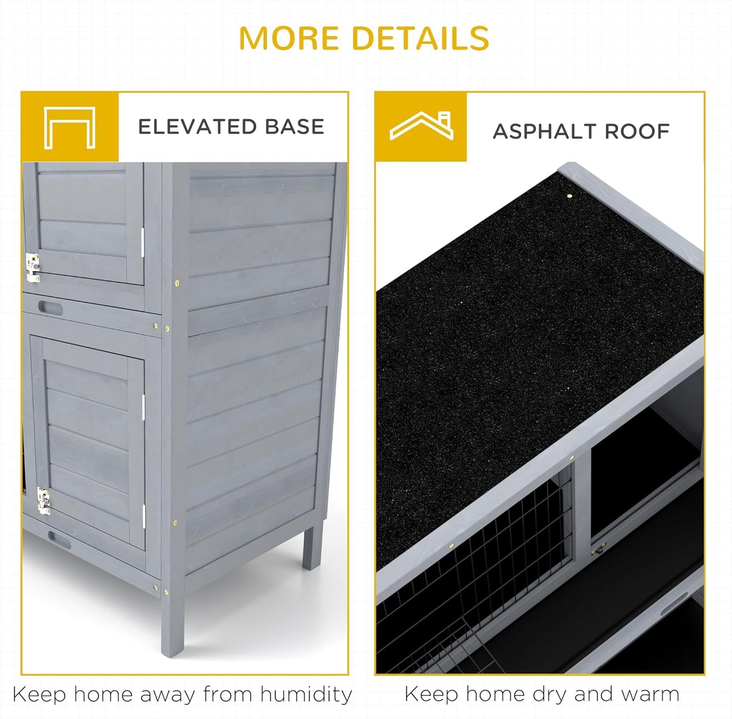 PawHut 54" 2-Story Large Rabbit Hutch Bunny Cage Wooden Pet House Small Animal Habitat with Lockable Doors, No Leak Tray and Waterproof Roof for Outdoor/Indoor Grey