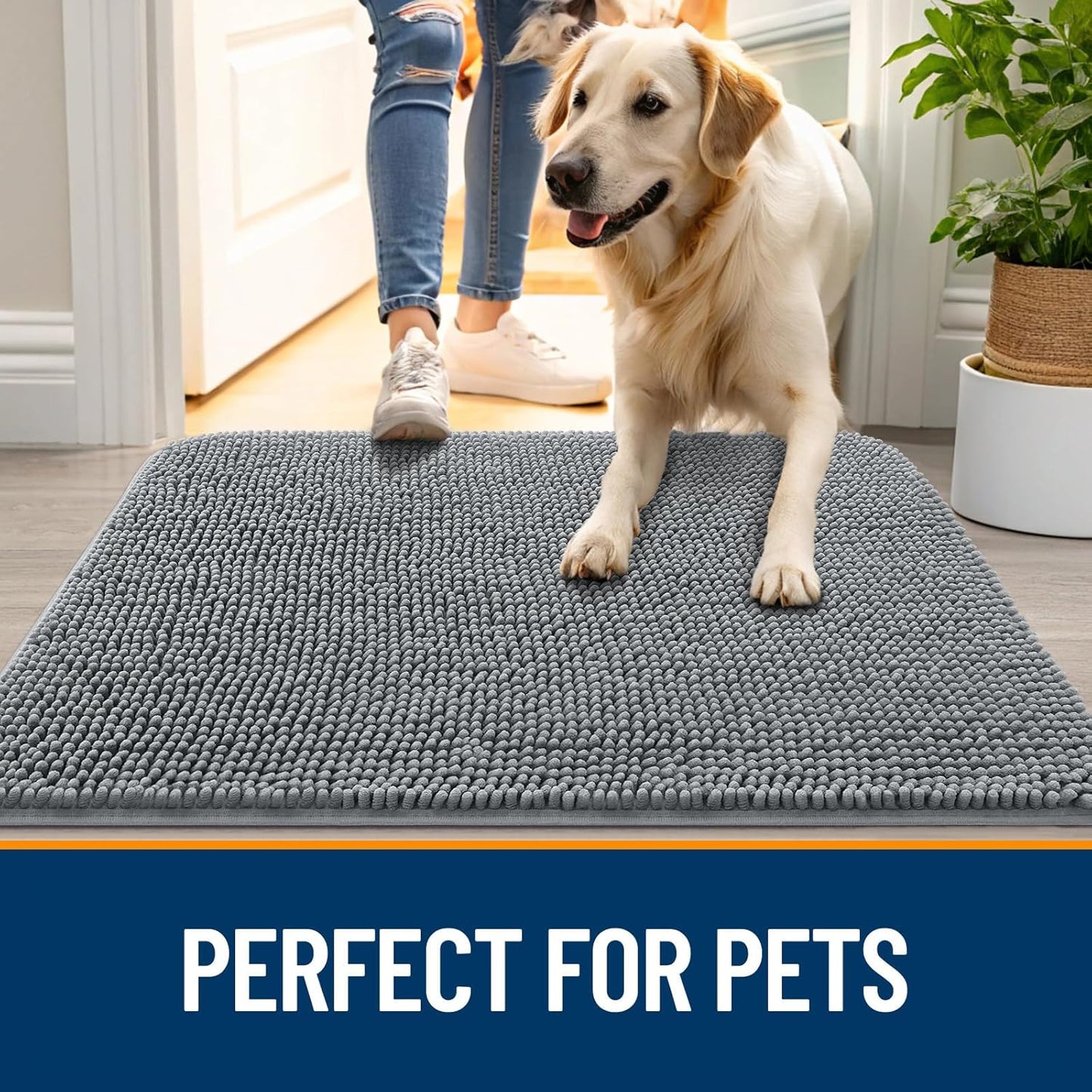 OLANLY Dog Door Mat for Muddy Paws 44x24, Absorbs Moisture and Dirt, Absorbent Non-Slip Washable Doormat, Quick Dry Chenille Mud Mat for Dogs, Entry Indoor Entryway Carpet for Inside Floor, Grey