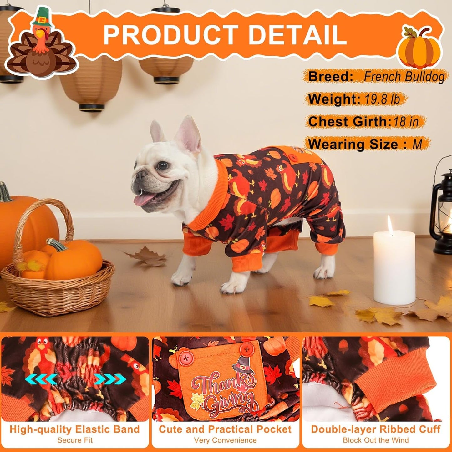 BEAUTYZOO Dog Thanksgiving Pajamas Large Sized Dog, Fleece Funny Ghost Pumpkin Costumes for Dogs, Soft Stretchable Doggy Onesie with Feet, Pet Apparel Clothes for Large Dogs Boy Girl, Orange L