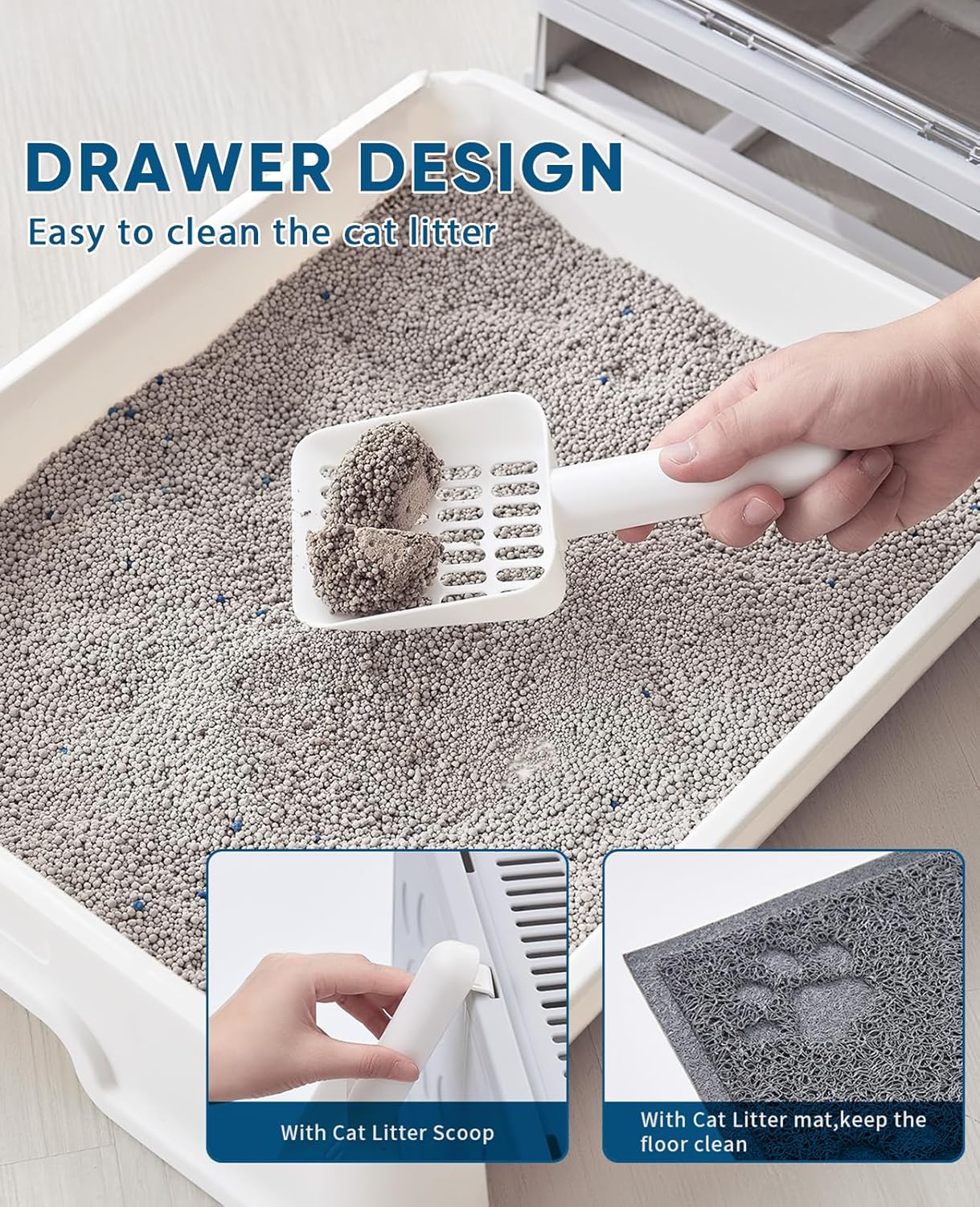 Cat Litter Box with Litter Mat and Scoop, Large Foldable Litter Box with Lid, Front Entry Top Exit Kitty Box, Odor Control, Easy to Clean (Grey)