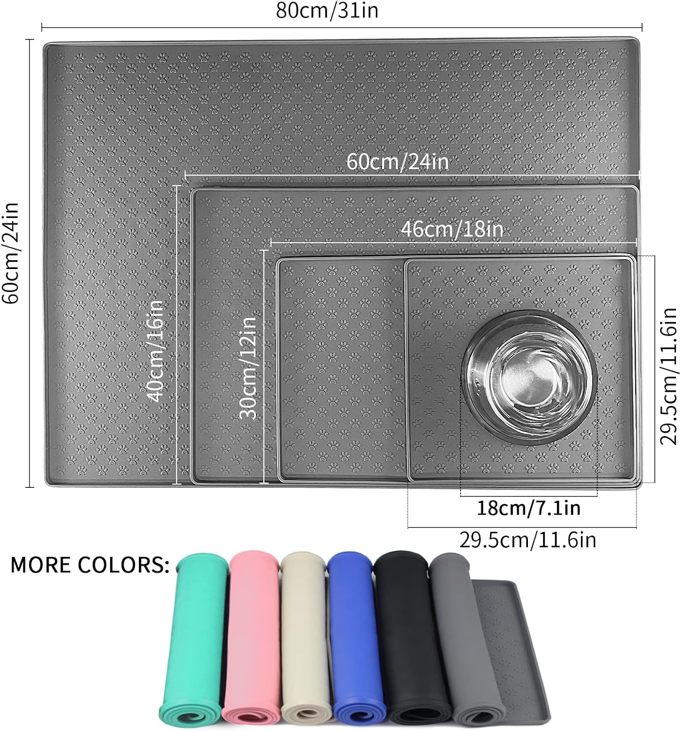 Ptlom Grey Pet Placemat for Dog and Cat, Waterproof Non-Slip Silicone Feeding Bowl Mat Prevent Food and Water Overflow, Puppy Dish Feeder Fountain Trays Suitable for Medium and Small Pets