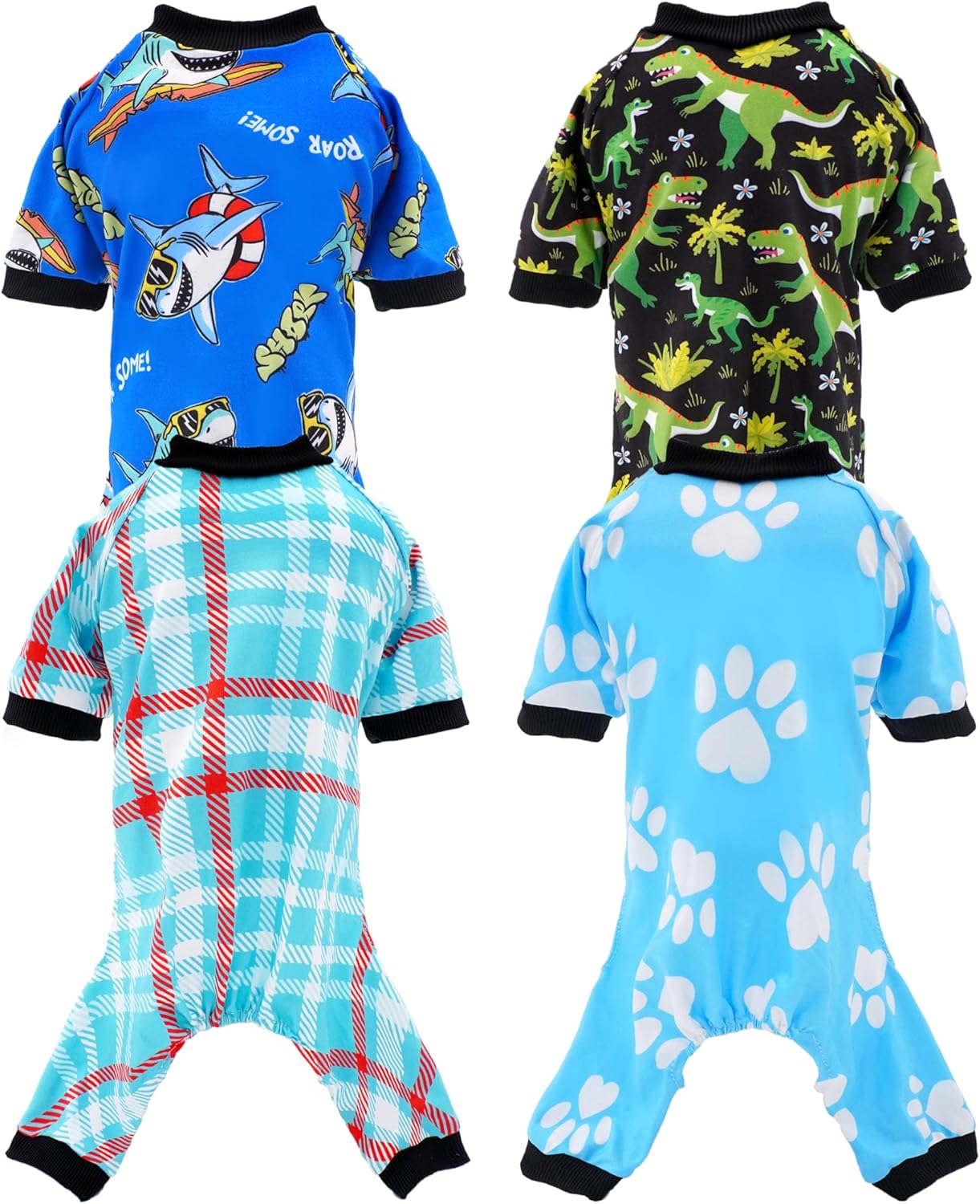 PET SHOW 4 Pack Small Dog Pajamas for Doggies Boy Dinosaur Shark Soft Stretchy PJs Plaid Jumpsuit Puppy Cats Kittens Paw Onesies Outfits with Sleeve Pets Breathable Summer Clothes Costume XS