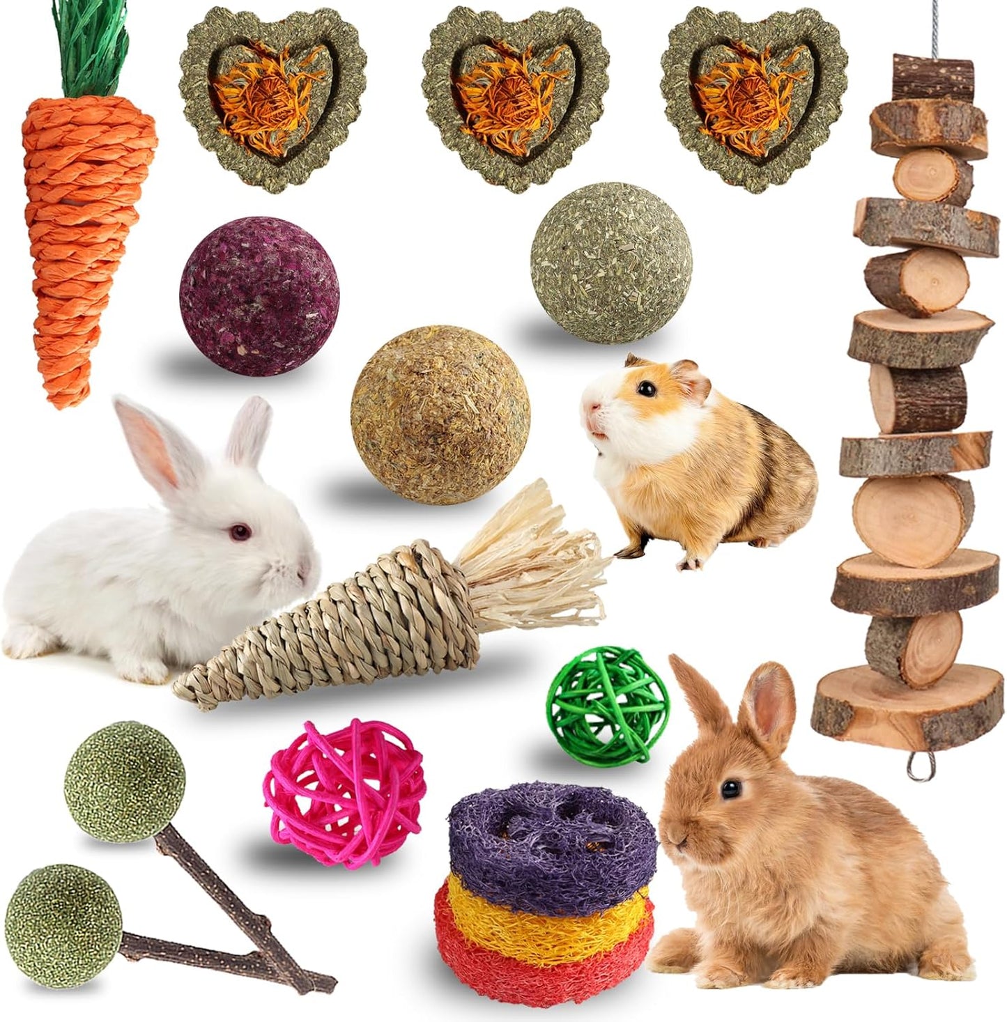 Grddaef 18 PCS Bunny Toys, Rabbit Toys Guinea Pig Toy Natural Apple Wood Grass Timothy Sticks Chew and Treat for Guinea Pigs Hamster Chinchillas