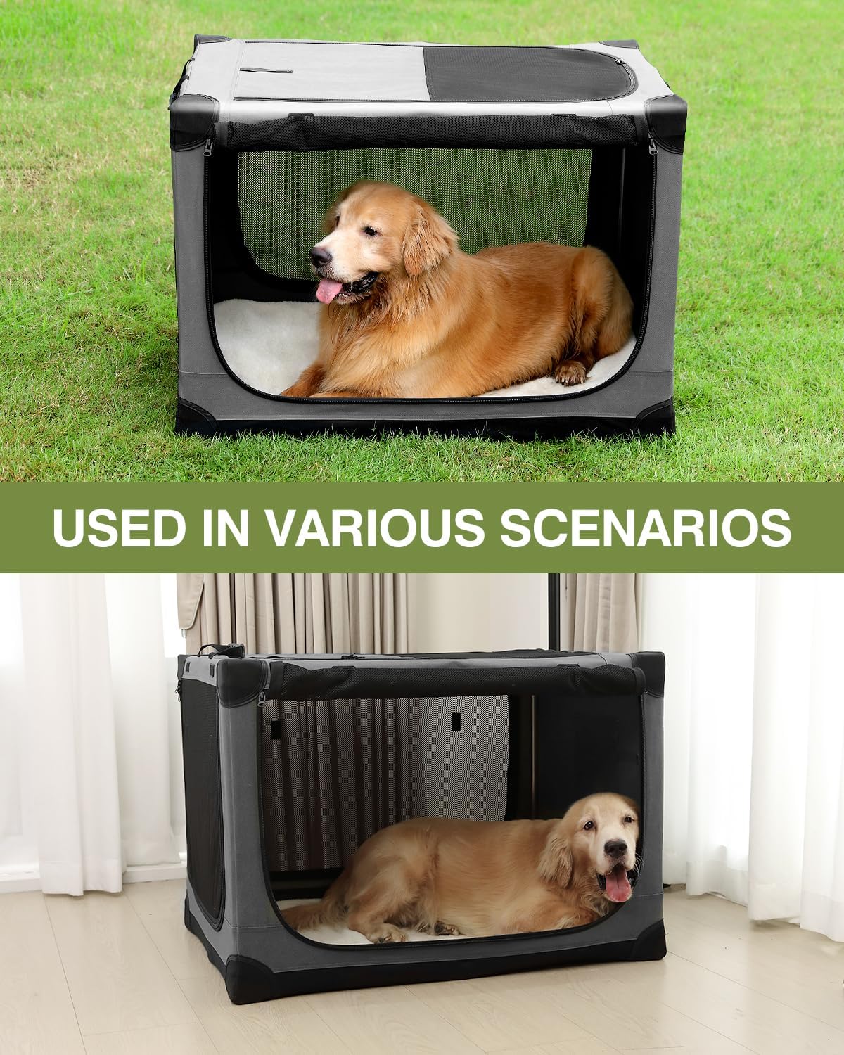 42-Inch Collapsible Travel Dog Crate, Portable 4-Door Soft Kennel for Medium to Large Dogs, Durable Mesh Windows, Indoor/Outdoor Use, Foldable, with Storage Bag (Grey)