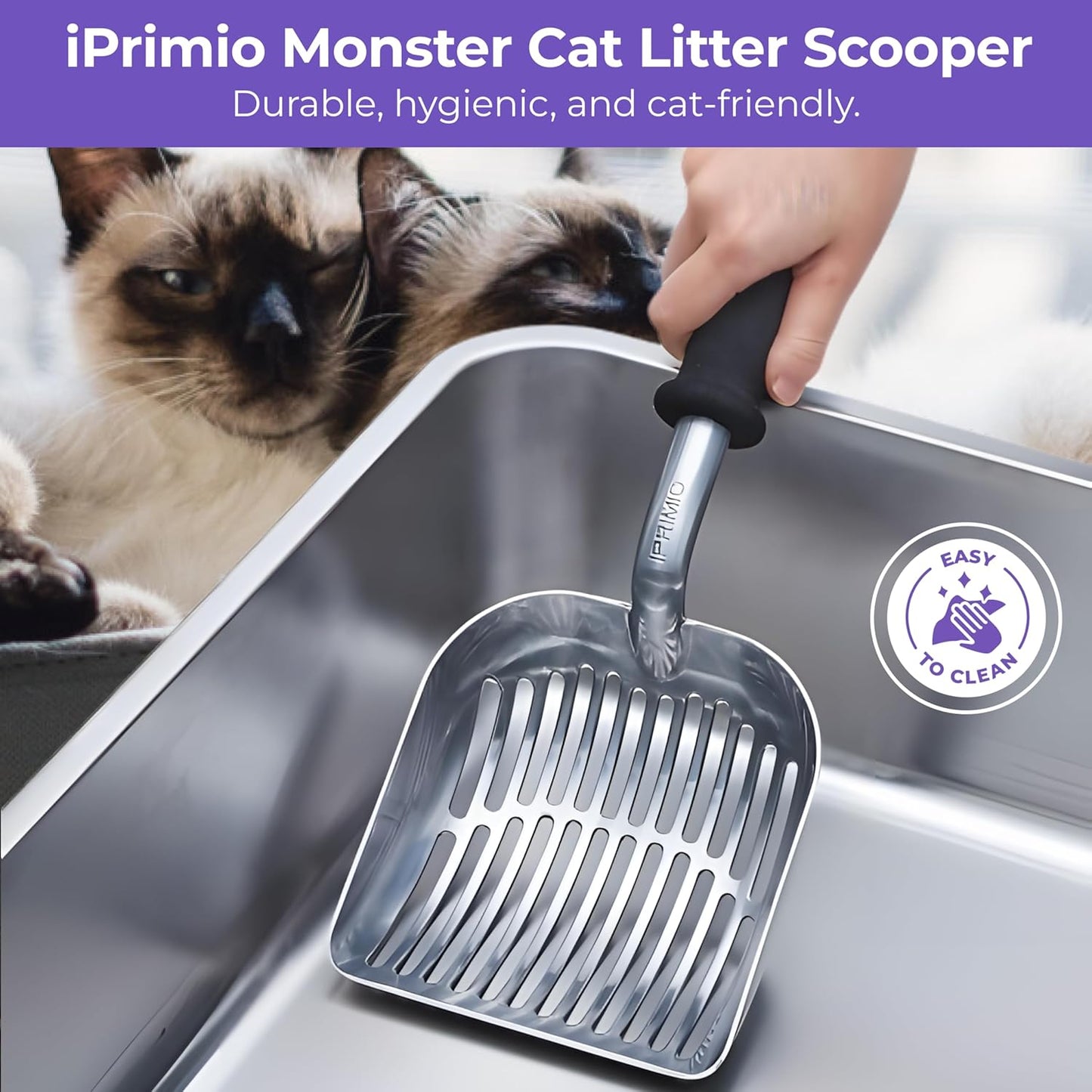 iPrimio Monster Metal Cat Litter Scoop with 17-Inch Long Handle - Extra Large Deep Shovel with Rounded Corners for Extended Reach and Soft Ergonomic Grip for Effortless Cleaning