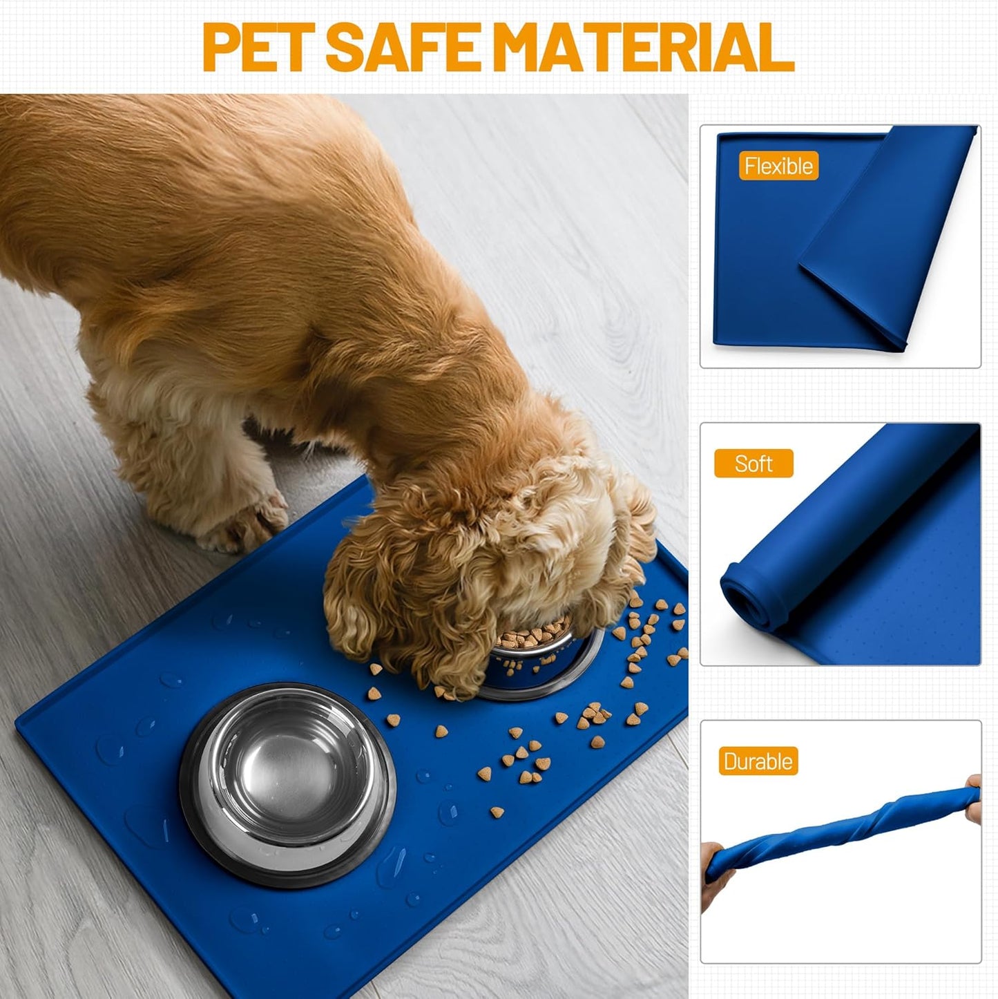 Hubulk Dog Feeding Mat,100% Waterproof Food Grade Silicone Pet Food and Water Bowl Placemat,Dishwasher, High Raised Edge to Prevent Spills,Nonslip Tray to Stop Messes on Floor（28"x18"x0.8", Navy）
