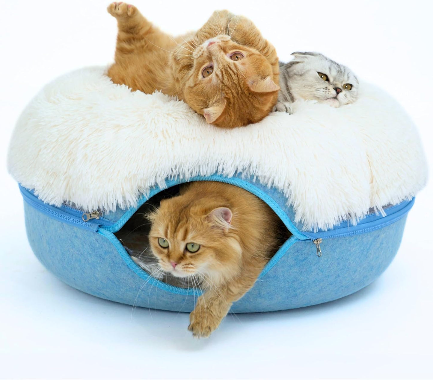 CATTASAURUS Peekaboo Cat Cave for Multiple & Large Cats Up to 30-45 Lbs, Fluffy Cat Beds for Indoor Cats, Scratch Detachable & Washable Tunnel Bed, Comfy Donut Cat Cave (Blue, Large (Calming))