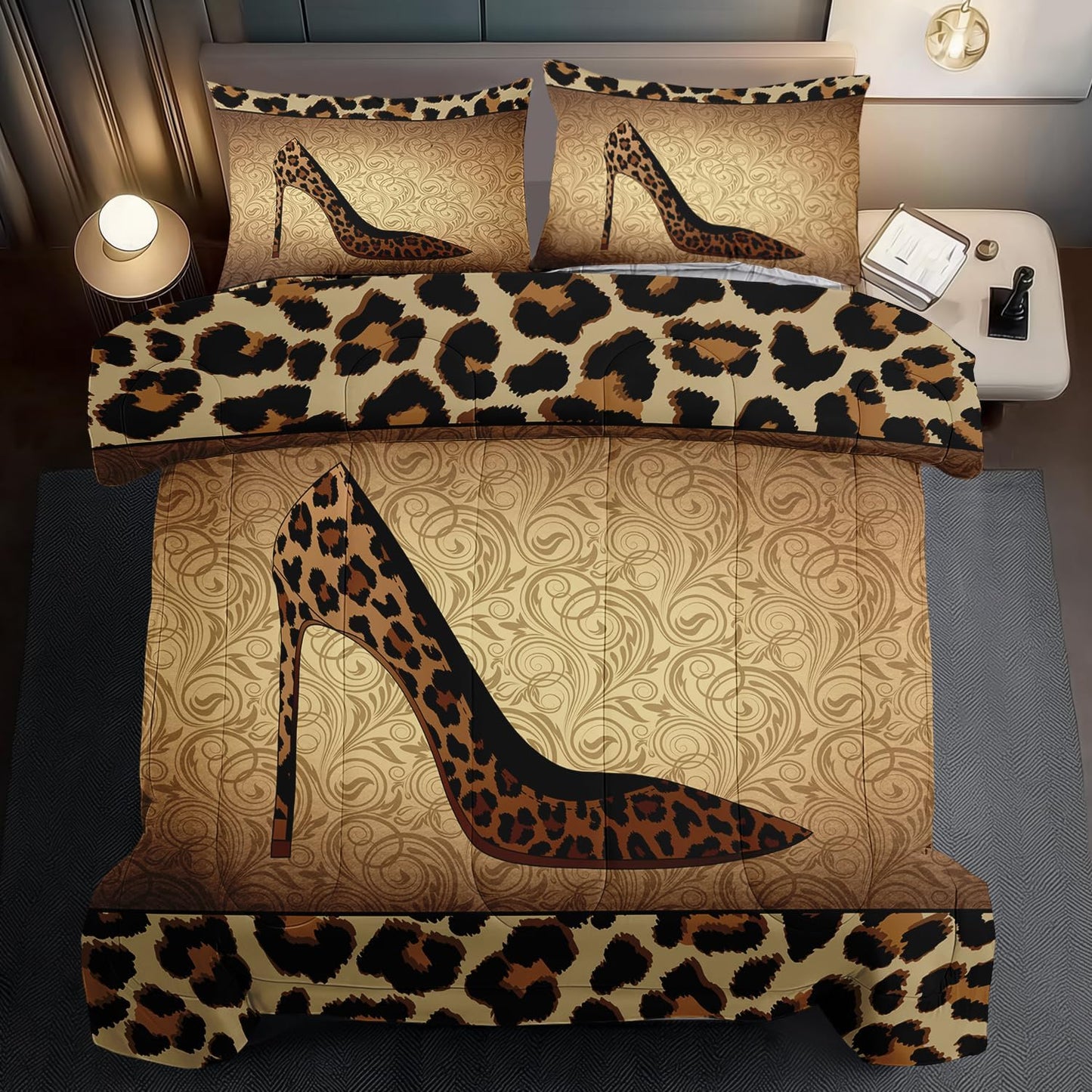 Leopard Comforter Set Twin Girls,Sexy High Heel Comforter for Women,Leopard Print Bedding Set Twin Adult,High Heel Quilt Bedroom Decor,African Animal Print Bedding Quilt