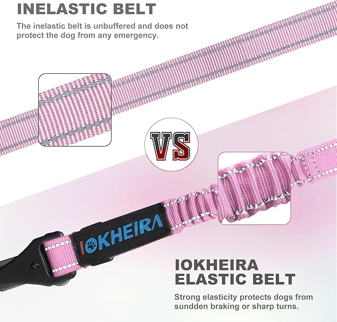 IOKHEIRA Dog Seat Belt 3-in-1 Car Harness for Dogs Adjustable Safety Seatbelt for Car Nylon Reflective Bungee Fabric Dog Car Harness with Clip Hook Latch & Buckle, Swivel Zinc Alloy Carabiner (Pink)