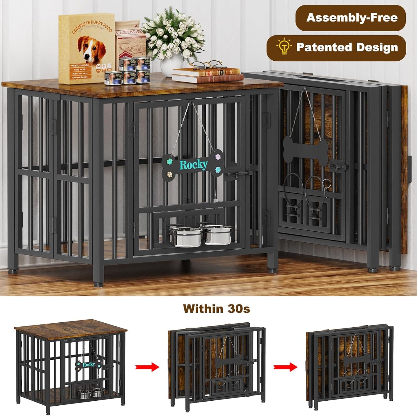 Easycom 31" Dog Crate Furniture Foldable, No Assembly Decorative Dog Kennel Indoor, Dog Crates for Medium Dogs, Wooden Dog Cage with Adjustable Bowls and Name Tag, End Table, Rustic Brown